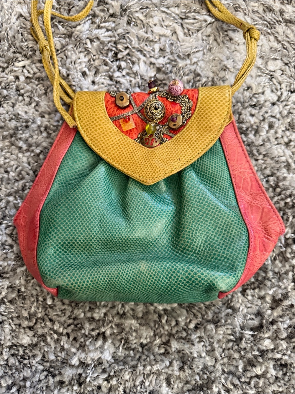 Colorful Multicolor Beaded Flap Crossbody Bag - Green, Yellow & Coral